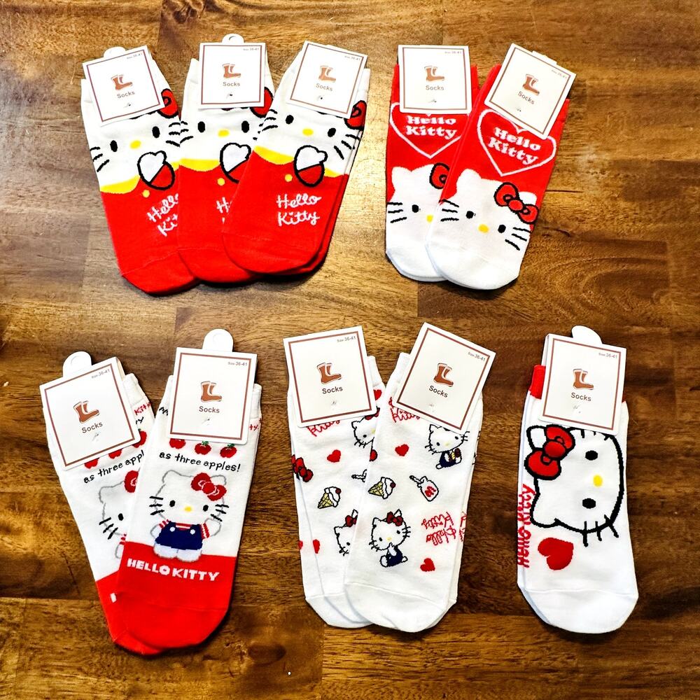 Hello Kitty Women's Socks 10 Pairs Size 36-41 US 5-9 Various Designs Red White